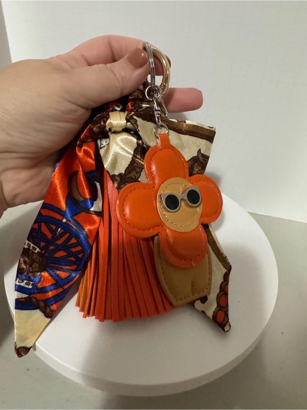 Orange Leather Flower Keychain Charm with Tassel and Scarf Accent